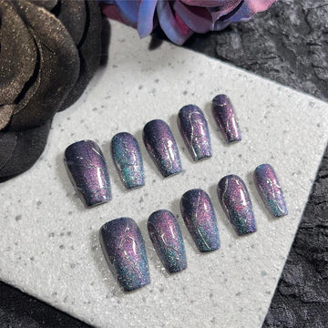 Qfdian Luxurious Handmade Press on Nails Fake Nails Blue Purple Quicksand Cat Eye Wearable Nails for Men Women Designed with Glitter